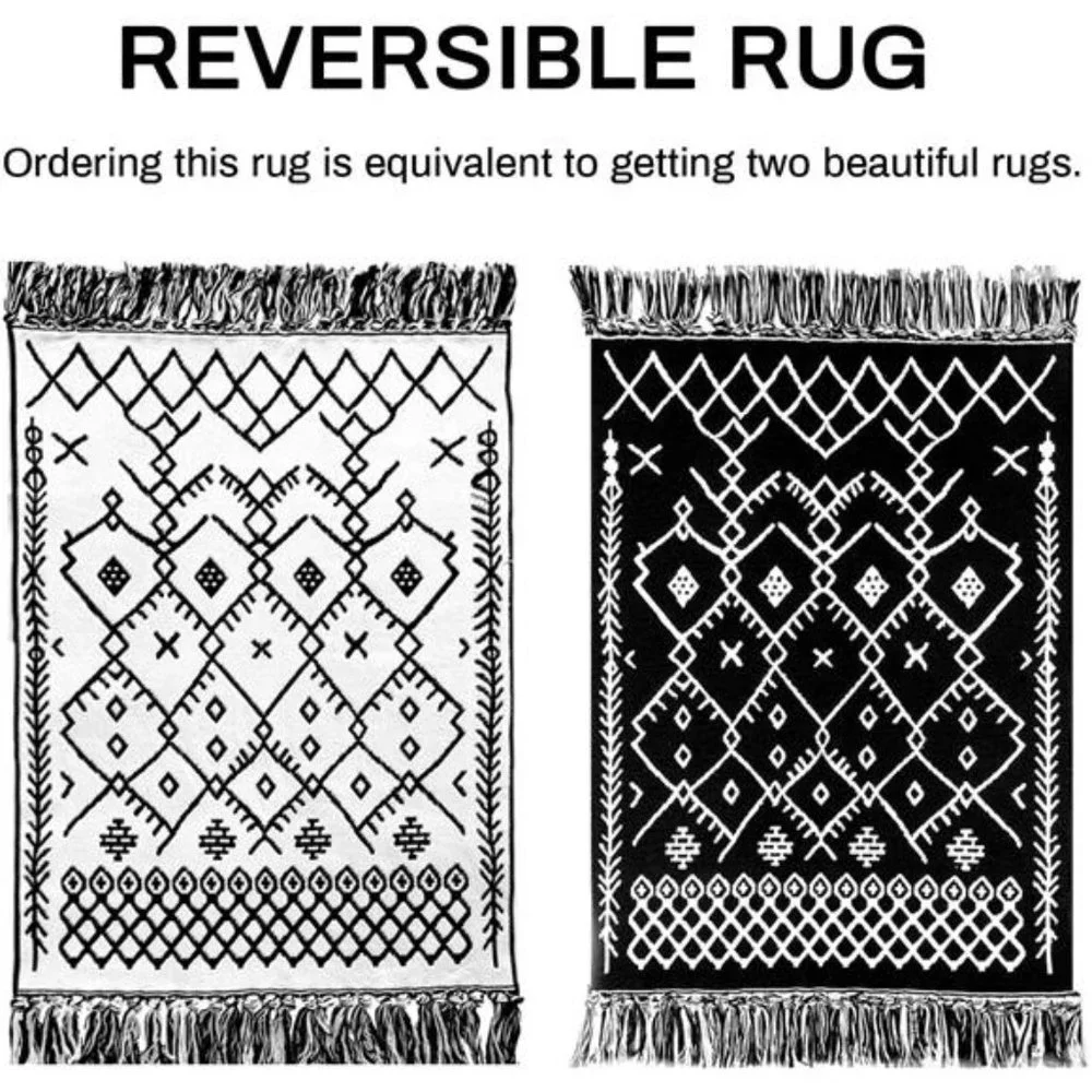 Upgraded Boho Bathroom Rug 2'x3',100% Woven Boho Rug for Bedroom Black White Rug